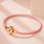 Bracelet Tressé en Cuir avec Trèfle à 4 Feuilles rose