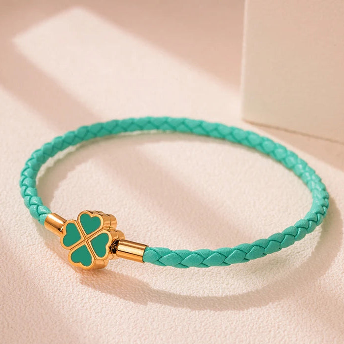 Bracelet Tressé en Cuir avec Trèfle à 4 Feuilles bleu vert