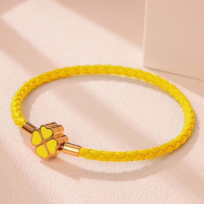 Bracelet Tressé en Cuir avec Trèfle à 4 Feuilles jaune