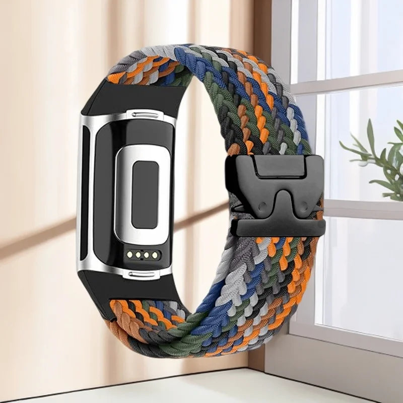 Gevlochten bandje voor Fitbit Charge 5, Charge 6 horloge oranje blauw groen