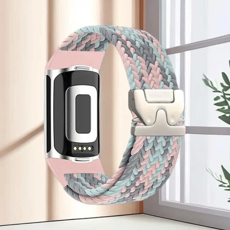 Gevlochten bandje voor Fitbit Charge 5, Charge 6 horloge roze grijs
