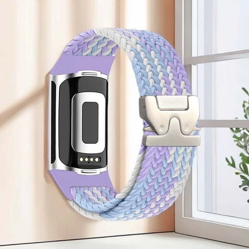 Gevlochten bandje voor Fitbit Charge 5, Charge 6 horloge paars en wit