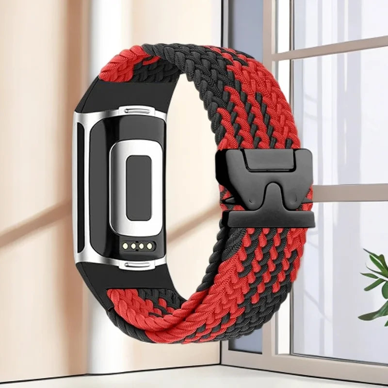 Gevlochten bandje voor Fitbit Charge 5, Charge 6 horloge rood zwart
