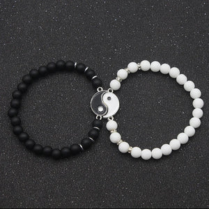 Bracelets pour Couples Gourmette Séparable Yin Yang en Pierres Naturelles Noir et Blanc