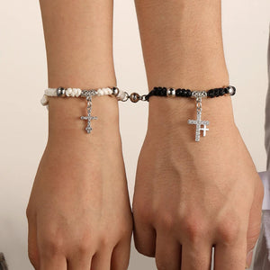 Bracelets pour Couples Noir et Blanc Gourmette Croix