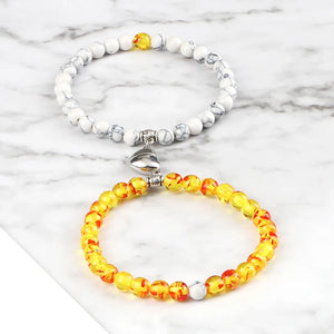 Bracelets pour Couples Gourmette Magnétique Perles blanc et pierre de soleil