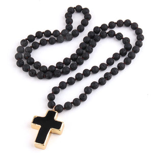 Chapelet Croix Collier Pendentif en Pierres Naturelles lave