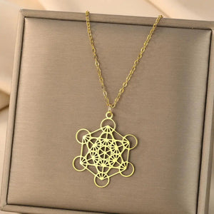 Collier avec Grand Pendentif Cube de Métatron or