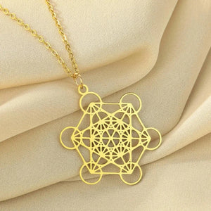Collier avec Grand Pendentif Cube de Métatron or