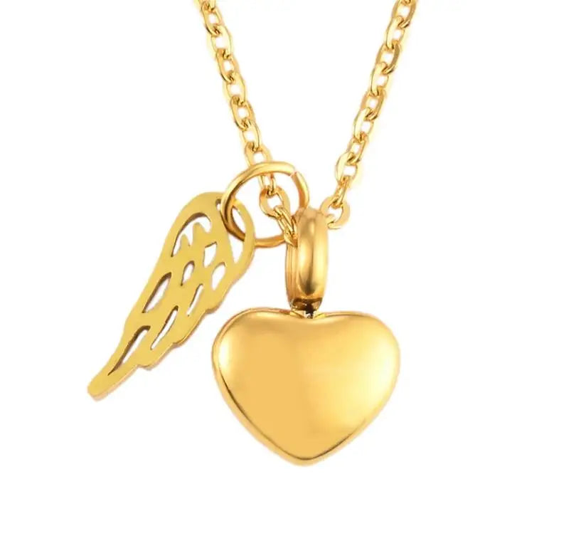 Urnenketting met hanger van engelenvleugels en hart goud