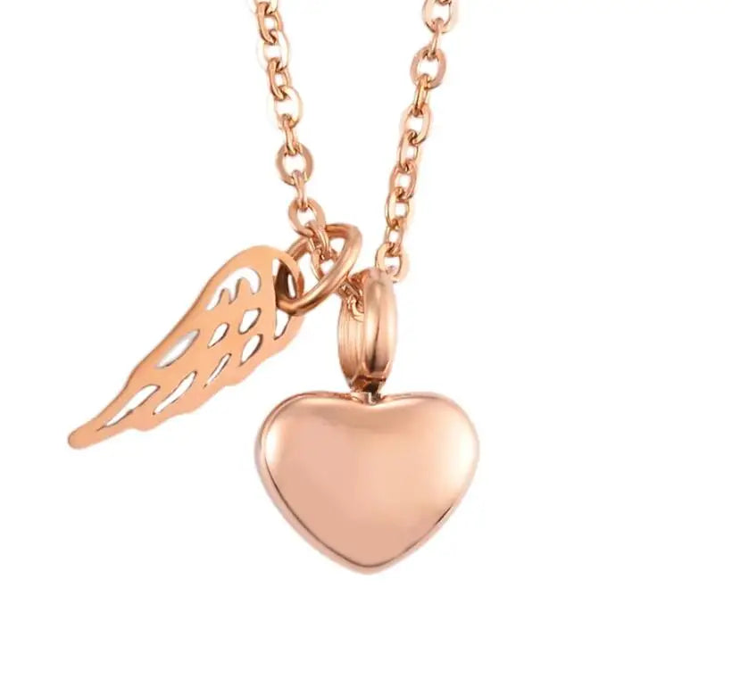 Urnenketting met hanger van engelenvleugels en hart roségoud