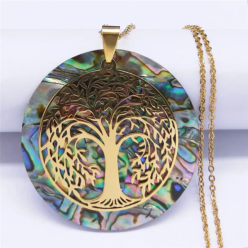 Ketting met hanger levensboom in hars met parelmoereffect 