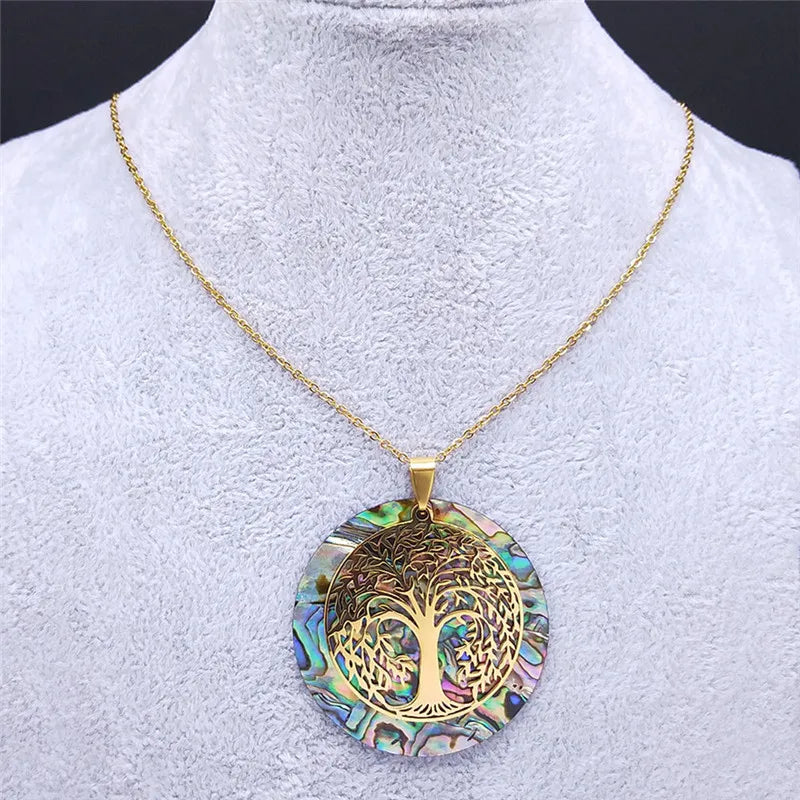 Ketting met hanger levensboom in hars met parelmoereffect 
