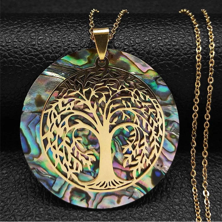 Ketting met hanger levensboom in hars met parelmoereffect 