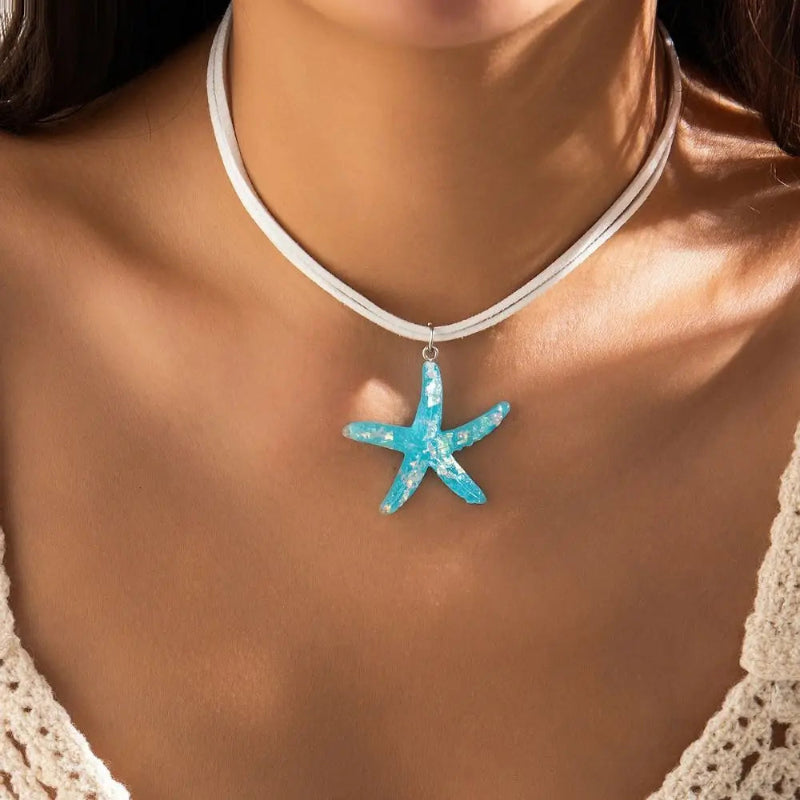 Collier avec Pendentif Coquillage Etoile de Mer Bleue