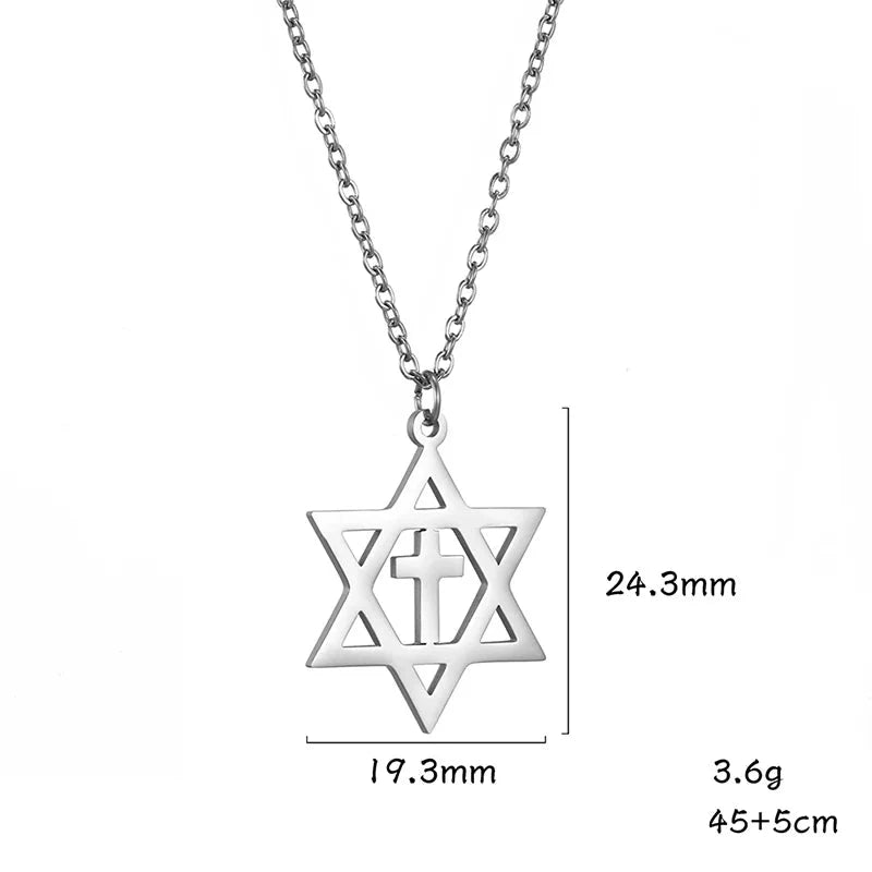 Halsketting met kruis- en <span data-glossary-id="etoile-de-david">Davidster</span>-hanger, symbolen van orthodox jodendom 
