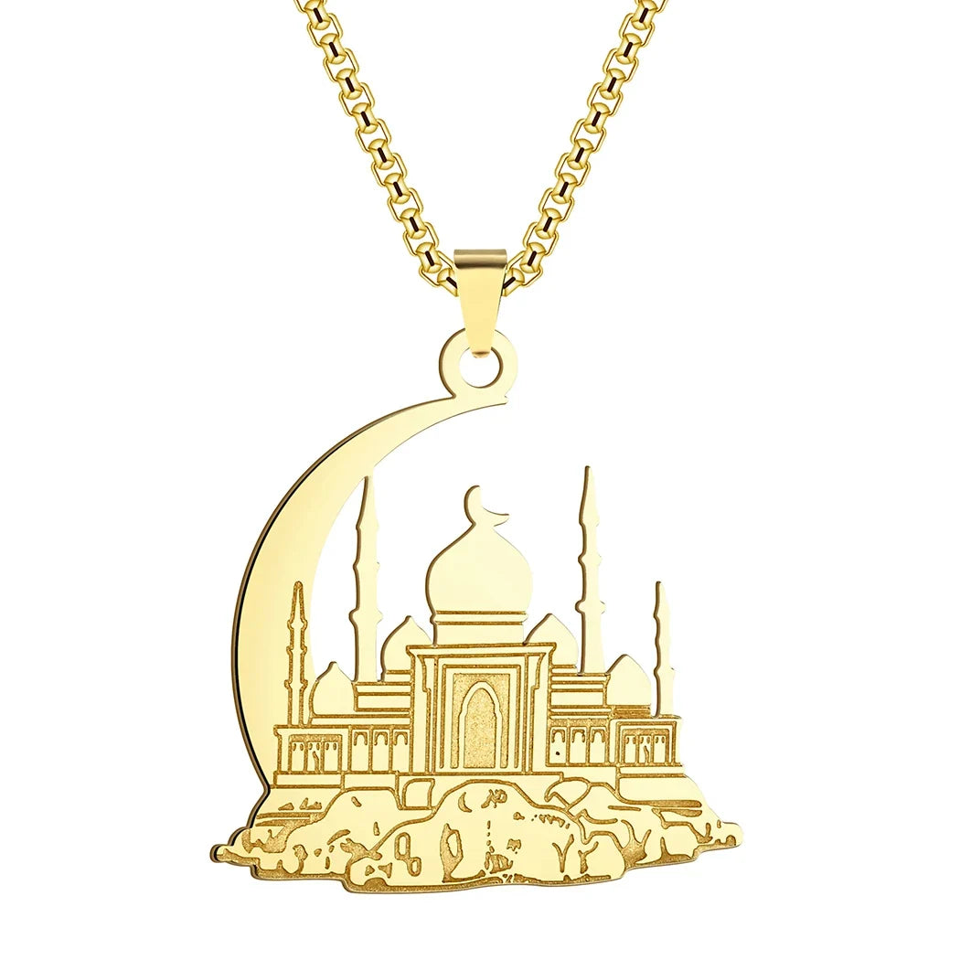 Ketting met hanger van een moskee op een Arabische islamitische maan in goud