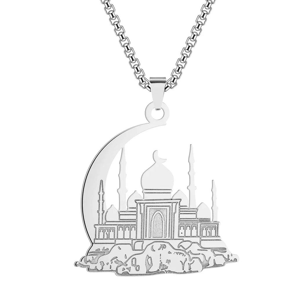 Ketting met hanger van een moskee op een Arabische islamitische maan in zilver