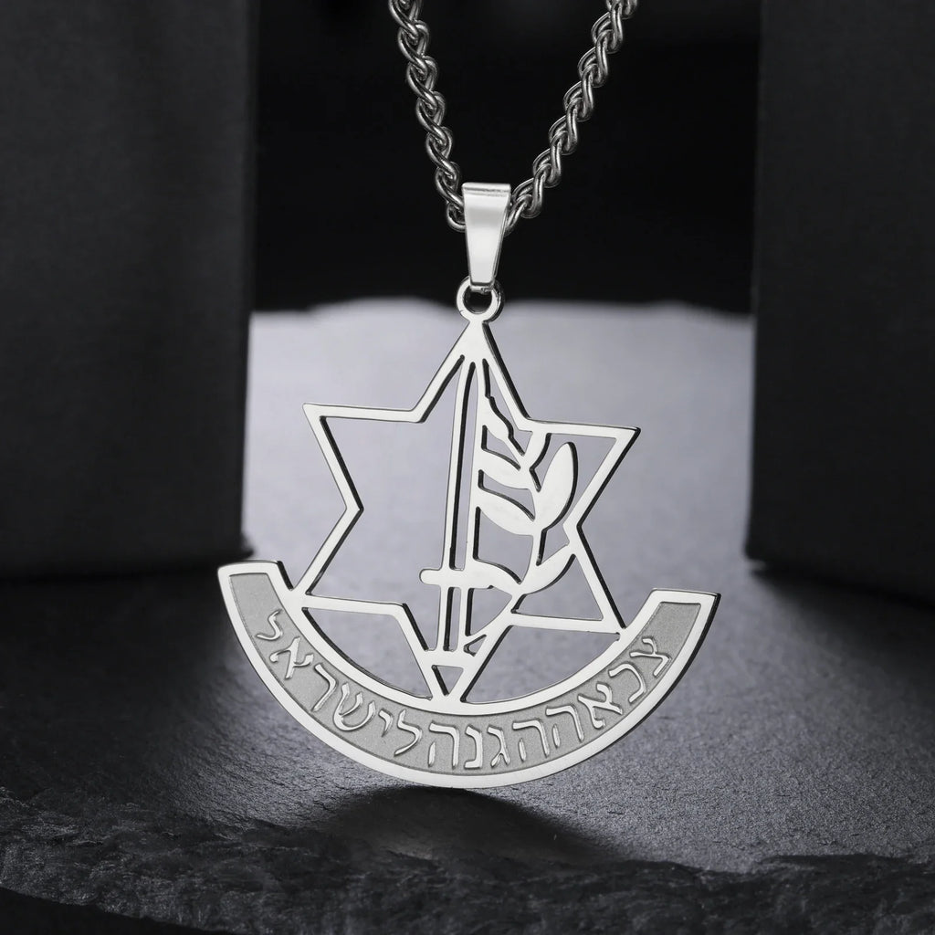 Halsketting met hanger van de <span data-glossary-id="etoile_de_david">Davidster</span> en symbolische Joodse fleur-de-lis in zilver