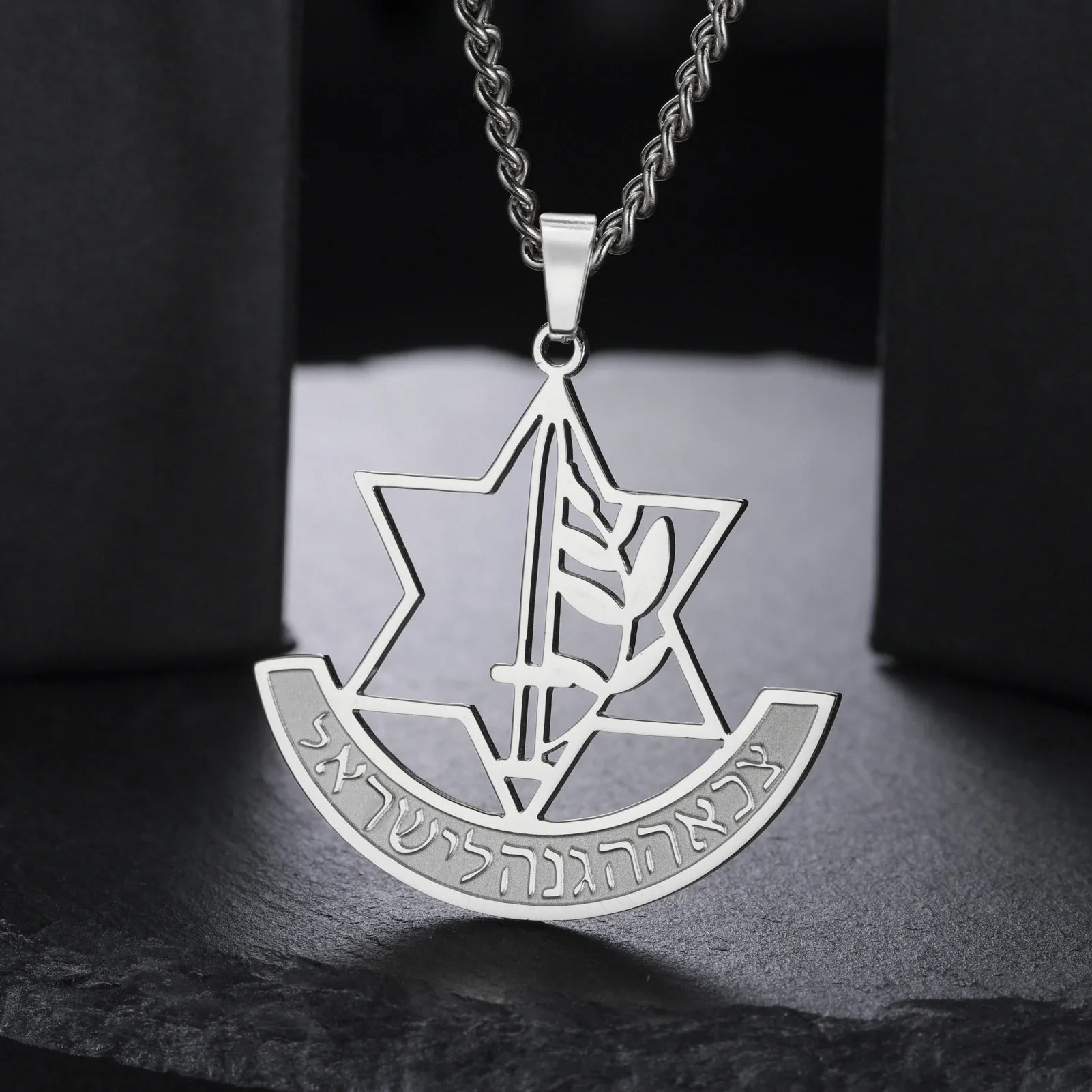 Halsketting met hanger van de <span data-glossary-id="etoile_de_david">Davidster</span> en symbolische Joodse fleur-de-lis in zilver