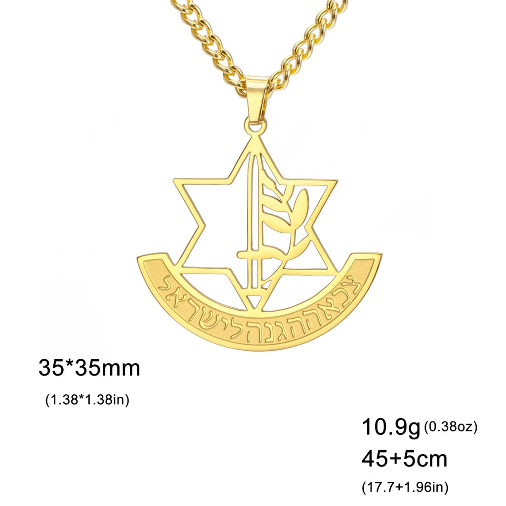 Halsketting met hanger van de <span data-glossary-id="etoile_de_david">Davidster</span> en symbolische Joodse fleur-de-lis in goud