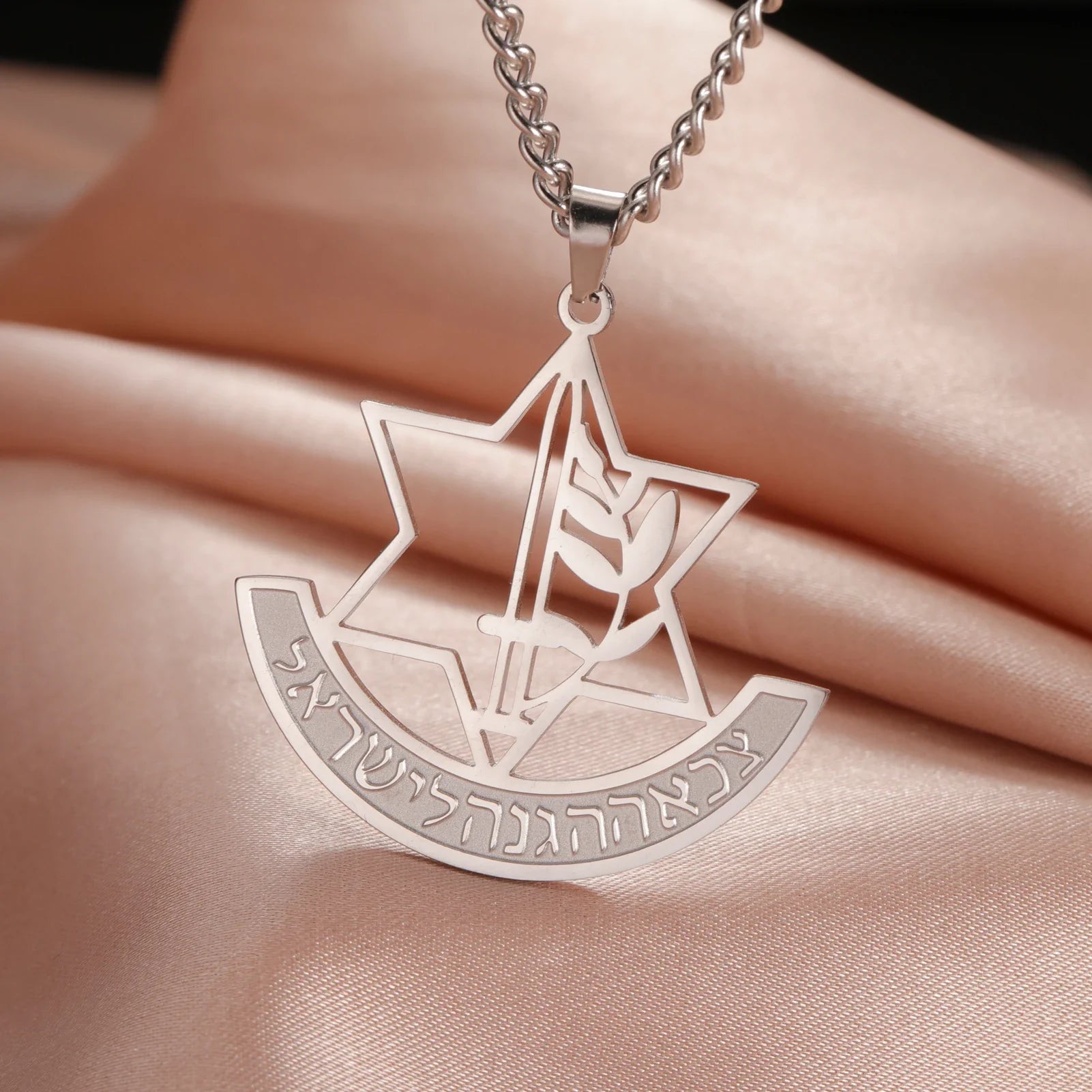 Halsketting met hanger van de <span data-glossary-id="etoile_de_david">Davidster</span> en symbolische Joodse fleur-de-lis in zilver