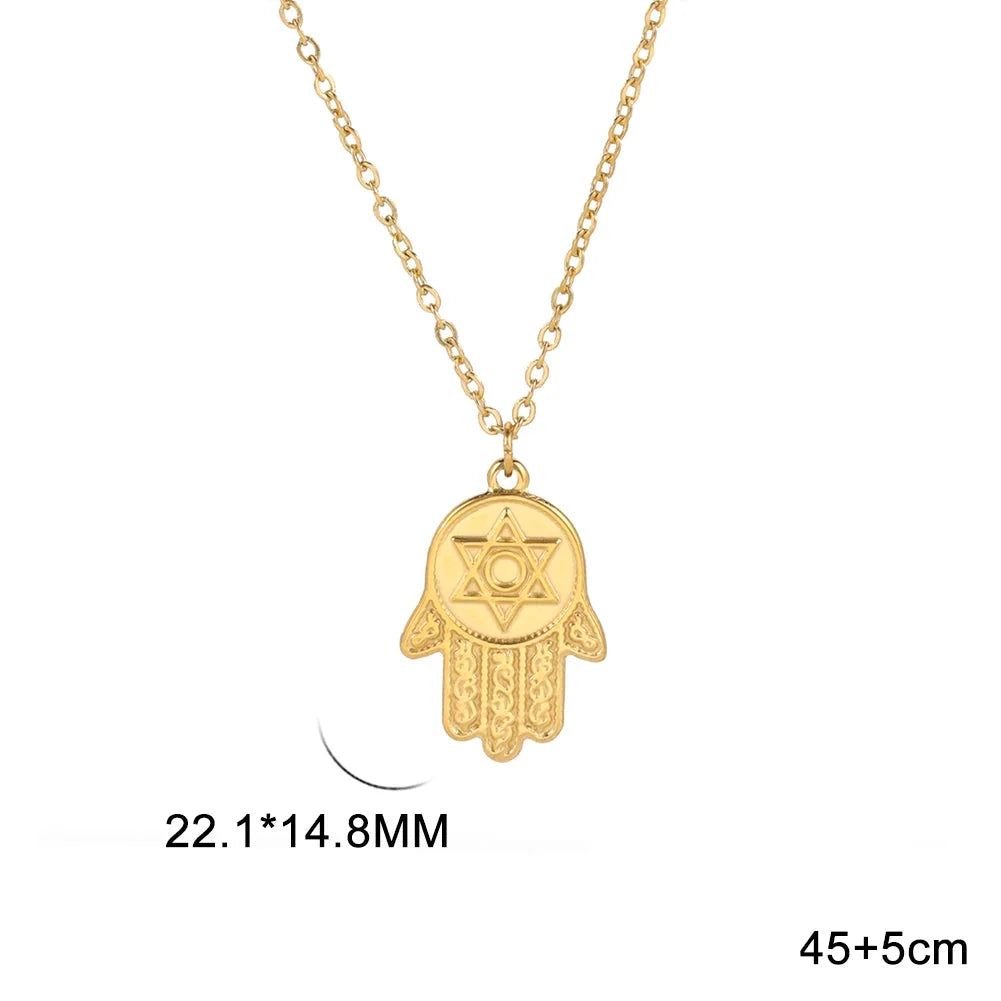 Halsketting met beschermend hangertje <span data-glossary-id="etoile-de-david">Davidster</span> en Fatma-hand in goud