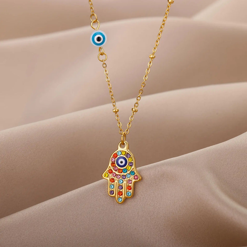 Halsketting met hanger ter bescherming tegen het boze oog en multicolor Arabische Fatma-hand goud