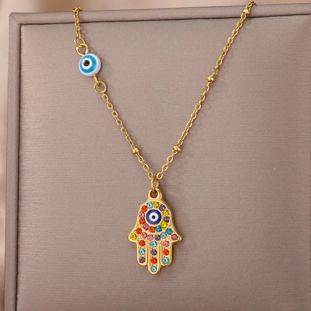 Halsketting met hanger ter bescherming tegen het boze oog en multicolor Arabische Fatma-hand goud