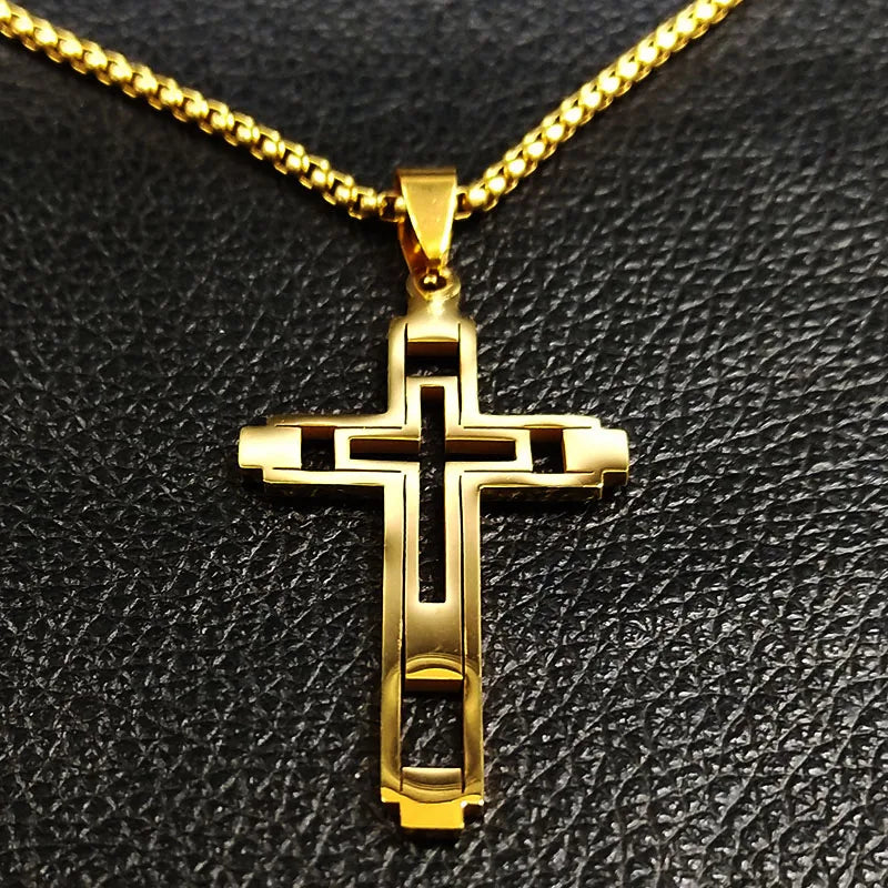 Ketting met dubbele kruis hanger goud