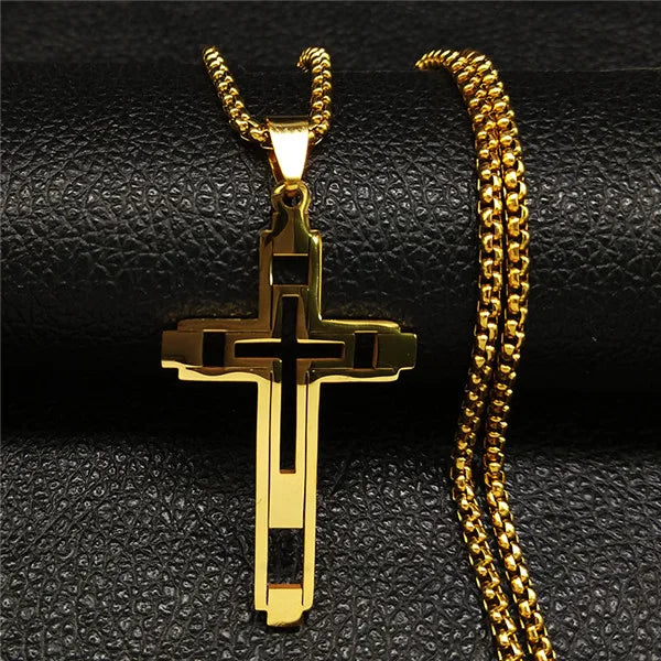 Ketting met dubbele kruis hanger goud