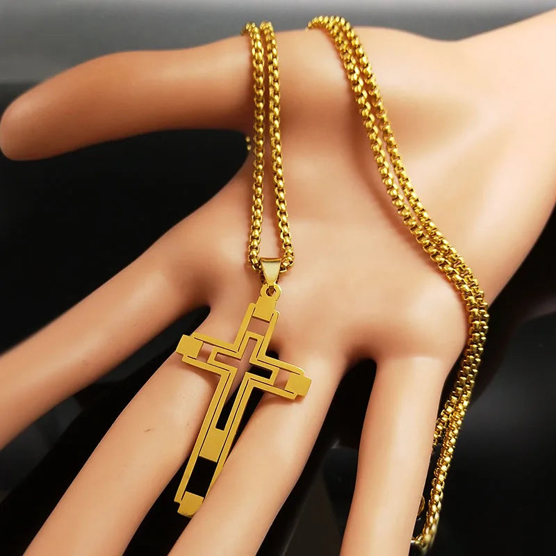 Ketting met dubbele kruis hanger goud