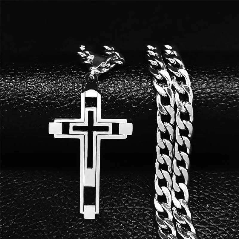 Ketting met dubbele kruis hanger zilver