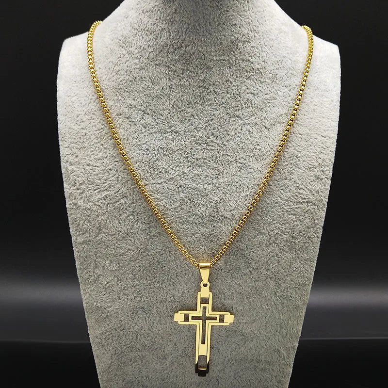 Ketting met dubbele kruis hanger goud