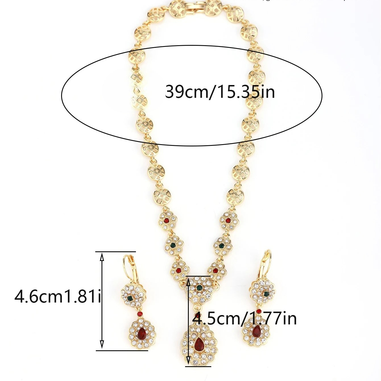 Ketting met hanger en traditionele hangende oorbellen voor Arabische bruiloft