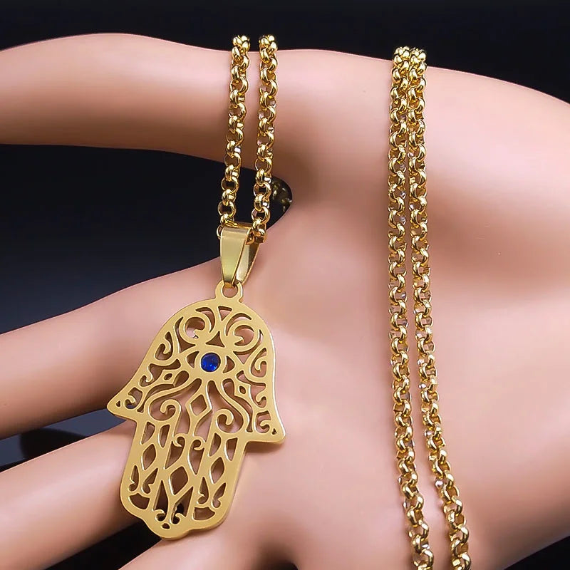 Halsketting met hanger ter bescherming tegen het boze oog en Arabische moslim Fatma-hand in goud