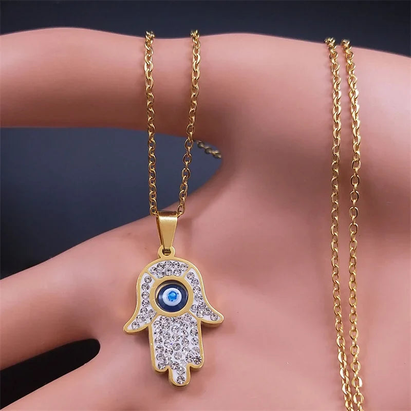 Lange ketting met hanger ter bescherming tegen het boze oog en Arabische Fatma-hand goud