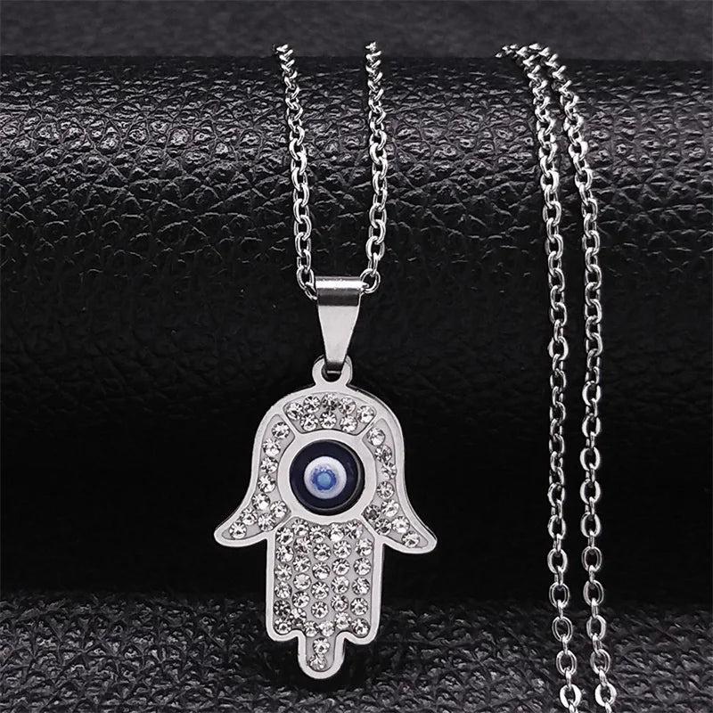 Lange ketting met hanger ter bescherming tegen het boze oog en Arabische Fatma-hand zilver