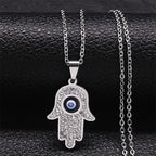 Lange ketting met hanger ter bescherming tegen het boze oog en Arabische Fatma-hand zilver
