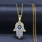 Lange ketting met hanger ter bescherming tegen het boze oog en Arabische Fatma-hand goud