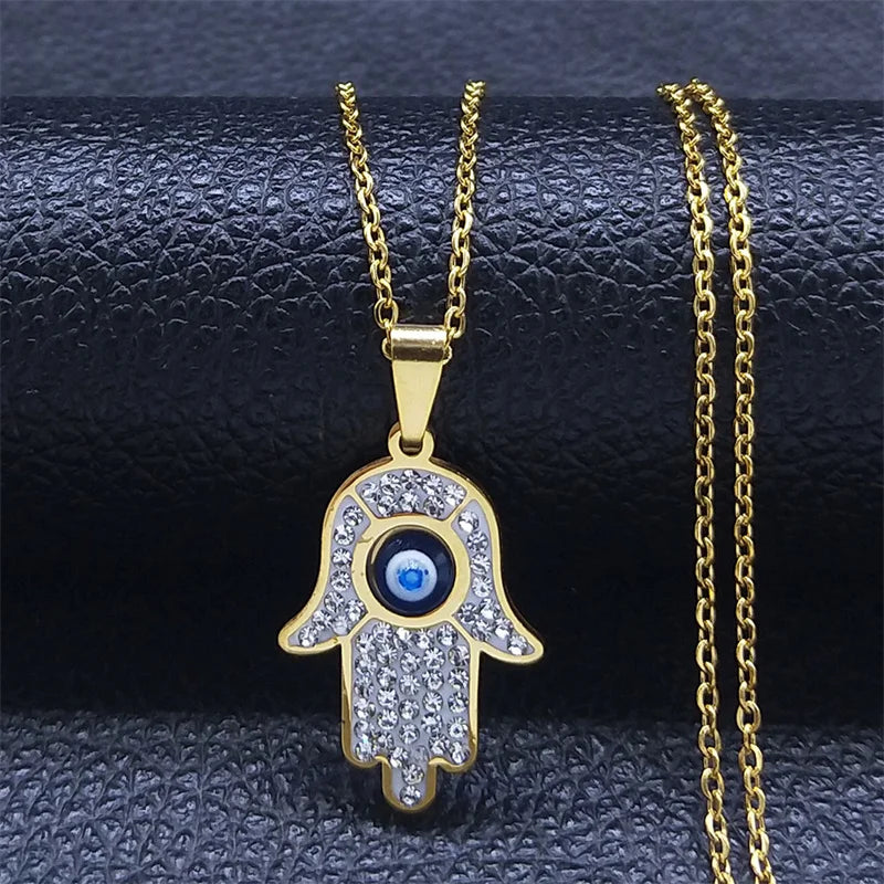 Lange ketting met hanger ter bescherming tegen het boze oog en Arabische Fatma-hand goud