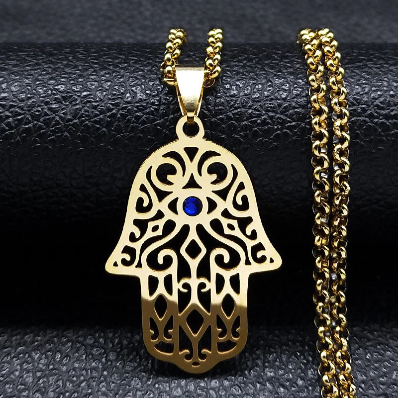 Halsketting met hanger ter bescherming tegen het boze oog en Arabische moslim Fatma-hand in goud