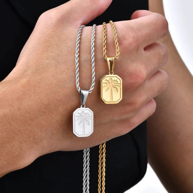 Collier avec Pendentif Rectangulaire Palmier argent