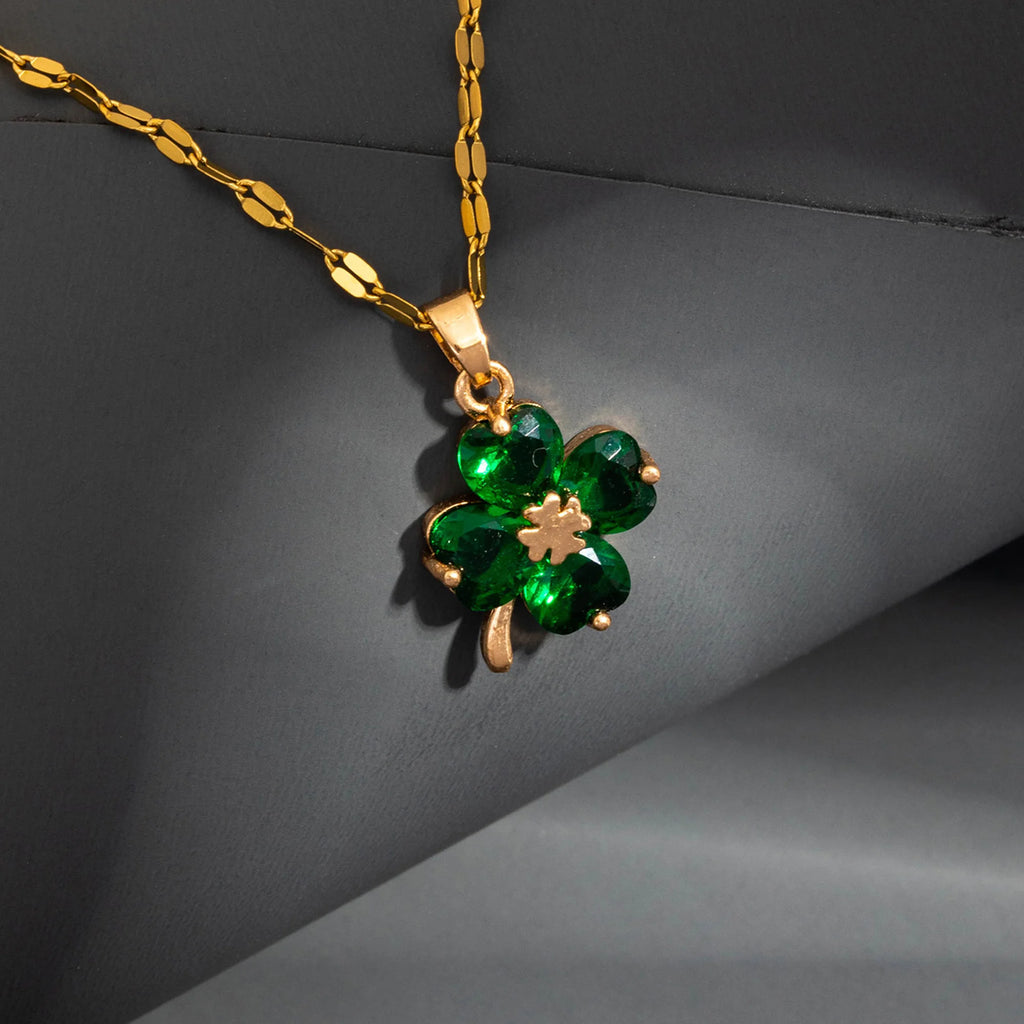 Collier avec Pendentif Trèfle à 4 Feuilles Coloré or et vert