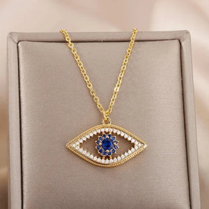 Collier Avec Pendentif Zircon Contre Mauvais Oeil Bleu Turc or