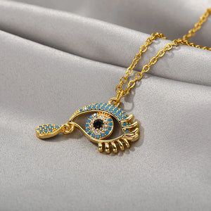 Collier Avec Pendentif Zircon Mauvais Oeil Bleu Turc Qui Pleure or