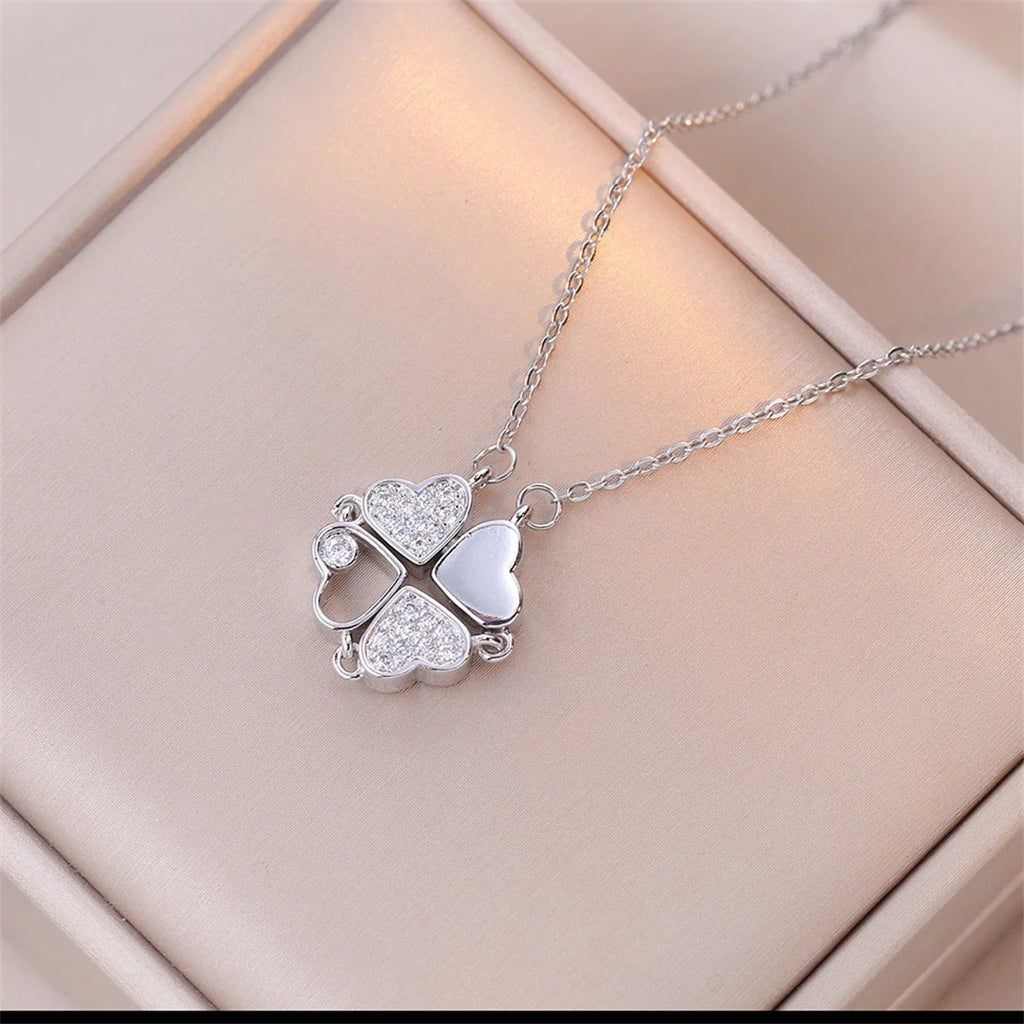 Collier avec Pendentifs Coeurs en Trèfle à 4 Feuilles argent
