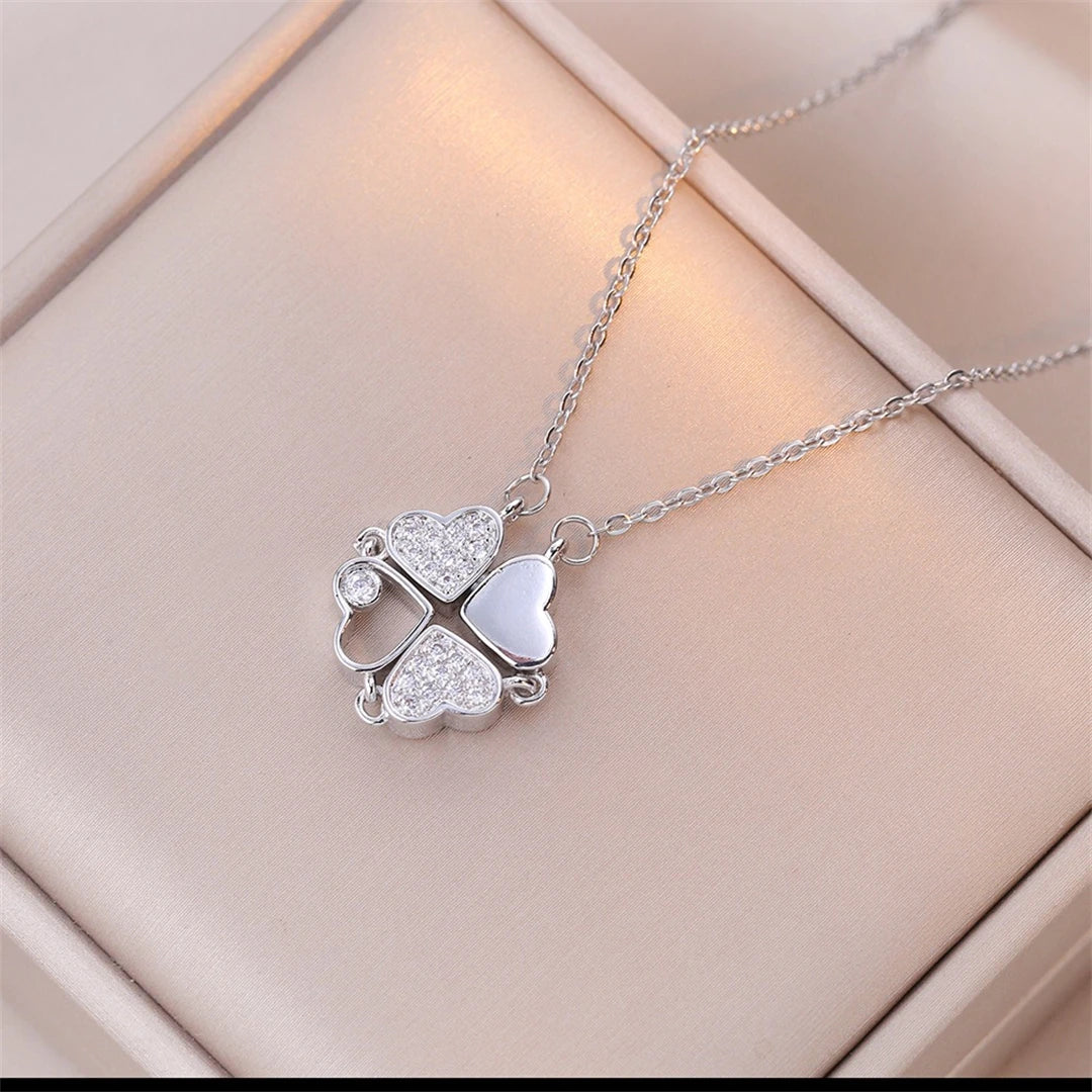 Collier avec Pendentifs Coeurs en Trèfle à 4 Feuilles argent