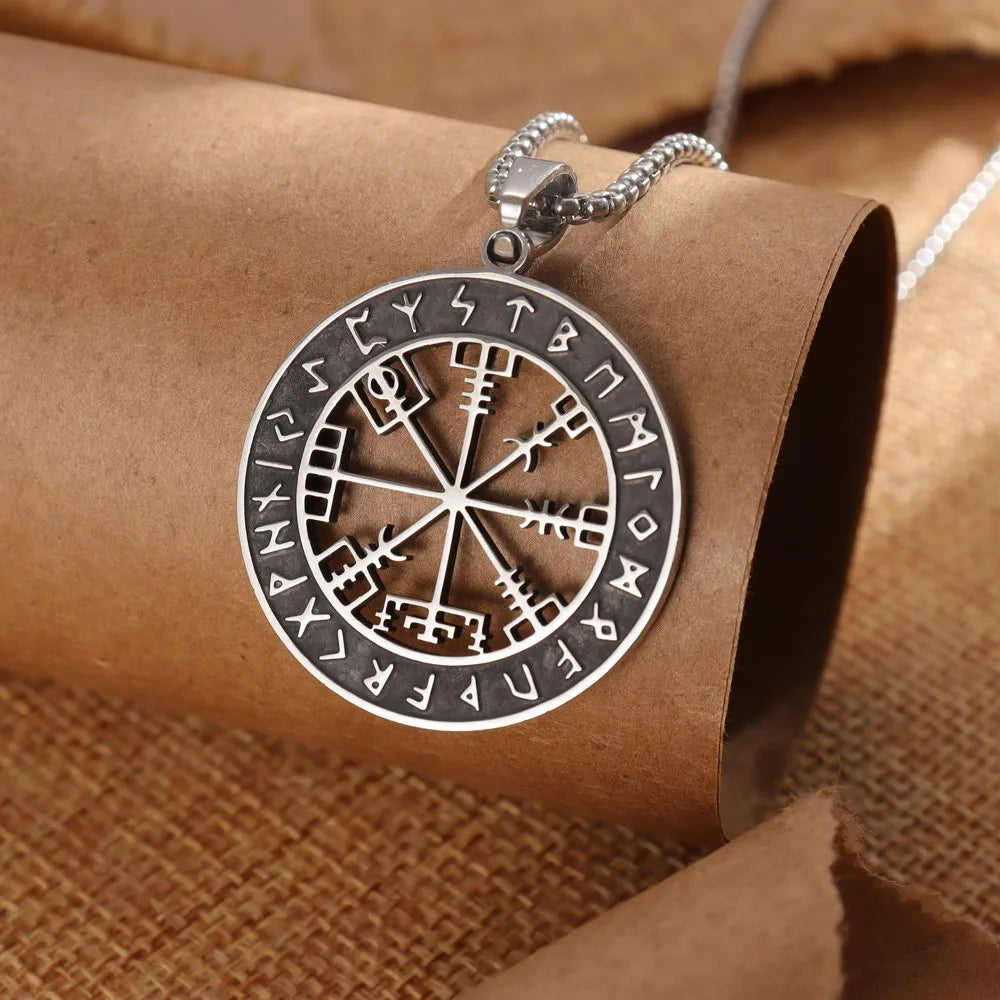 Kompas Ketting Vegvisir Zwart Zilveren Viking Hanger