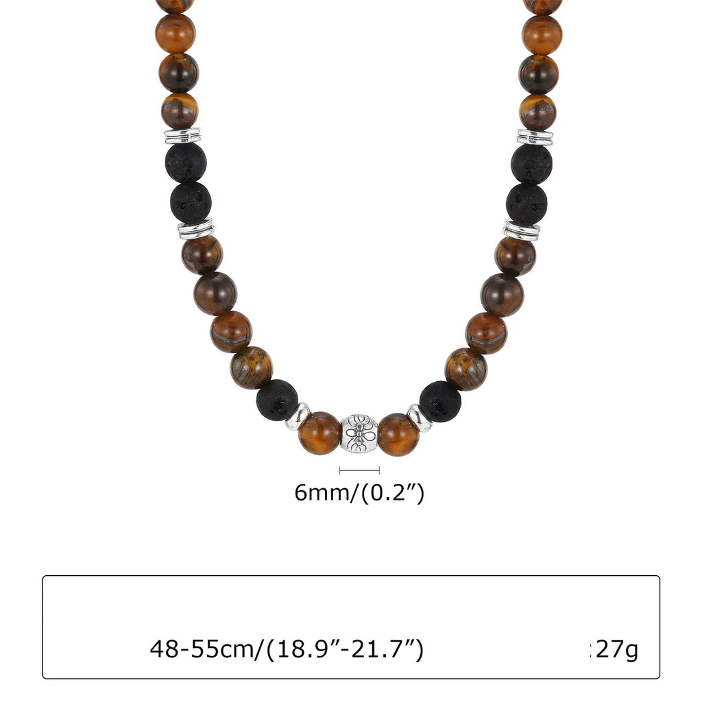 Ketting van lavastenen en tijgeroog met lotusbloemhanger